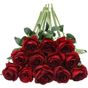 Tifuly 12pcs Red Roses Artificial Flowers,Realistic Long Stem Fake Silk Roses Bouquet for Party Home Wedding Centerpiece Office DIY Decor（Burgundy）