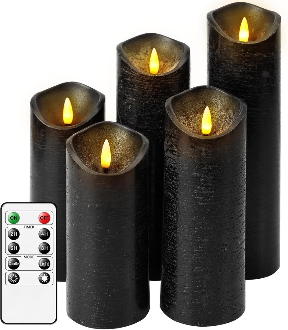 Flickering Flameless Candles with Remote Control and Timer Set of 5 Pc Real Wax LED Pillar Candles, Battery Operated CandlesD2.2H5/5.5"/6"/7"/8" Home Decor Flameless CandlesBlack (black water pattern)