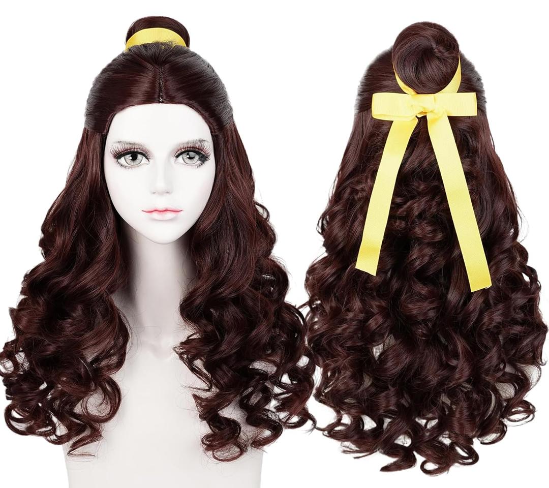 Brown Long Curly Wigs with Ponytail Cosplay Costume Wave Wig Yellow Ribbon Halloween Cosplay + Cap