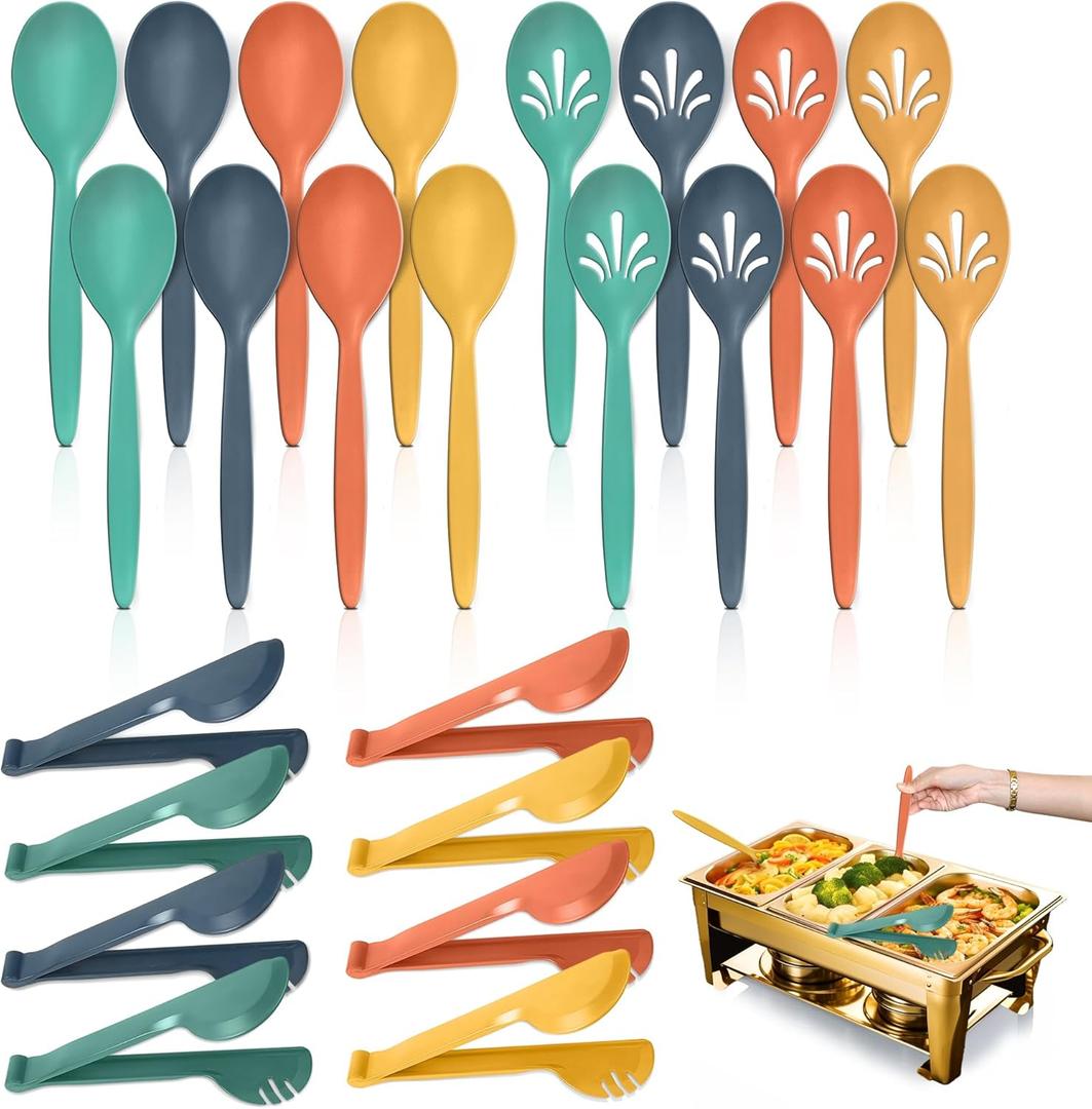 Reusable Plastic Serving Utensils Set of 24, 10" Wheat Straw Large Serving Set - Slotted Spoons/Tongs, for Party Buffet Catering (Orange/Blue/Yellow/Green, Not for Cooking)