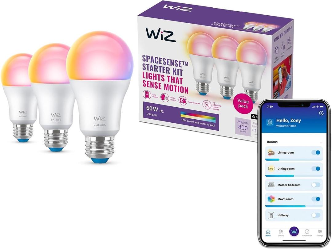 WiZ Connected Smart Light Bulbs, Sunset to Sunrise Automation + Motion Detection + Control with Voice or App, Full Color A19 60W 800LM Indoor, Matter Compatible 3 Pack