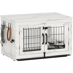 Piskyet Wooden Dog Crate Furniture with 360Rotatable Removable Dog Bowls, Dog Crate End Table with Tray, Double Doors Dog Kennels for Dogs(M:31.8" L*22.1" W*24.1" H,Marble White) Piskyet Wooden Dog Crate Furniture with 360Rotatable Removable Dog Bowls, Dog Crate End Table with Tray, Double Doors Dog Kennels for Dogs(M:31.8" L*22.1" W*24.1" H,Marble White)