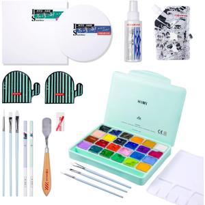 HIMI Gouache Paint Set, 41 Pcs Professional Art Painting Supplies Set with HIMI 24 Paints, 6 Paint Brushes, 2 Canvas Boards, Palette, Paint Knife, Moisturized Mildew Gouache Spray, and White Paint Refill(100ml), Great Paint Kit for Artist, Beginner, and Adults