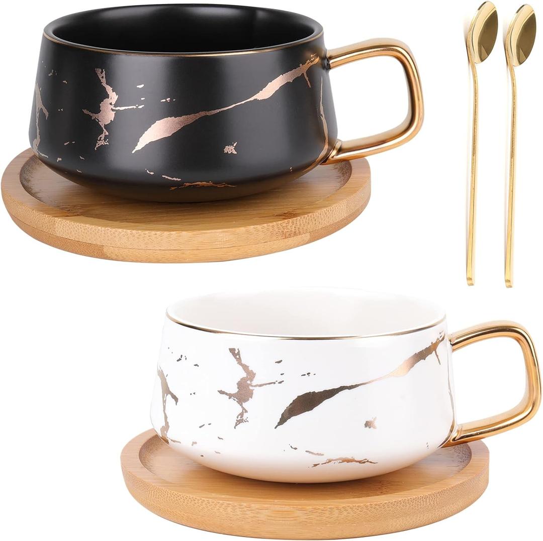 Peohud 2 Pack Ceramic Tea Coffee Cup, 10 OZ Coffee Mug with 304 Stainless Steel Spoon and Bamboo Saucer, Marble Espresso Cups for Latte, Cappuccino, Americano, White and Black