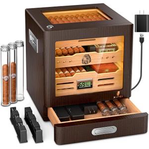 XIFEI Cigar Humidor Cabinet with Adjustable LED Lighting, 3 Cedar Wood Drawer & Digital Hygrometer, 2 Humidifiers, Cigar Tube, Glass Top Desktop Humidor for 80-100 Cigars, for Men