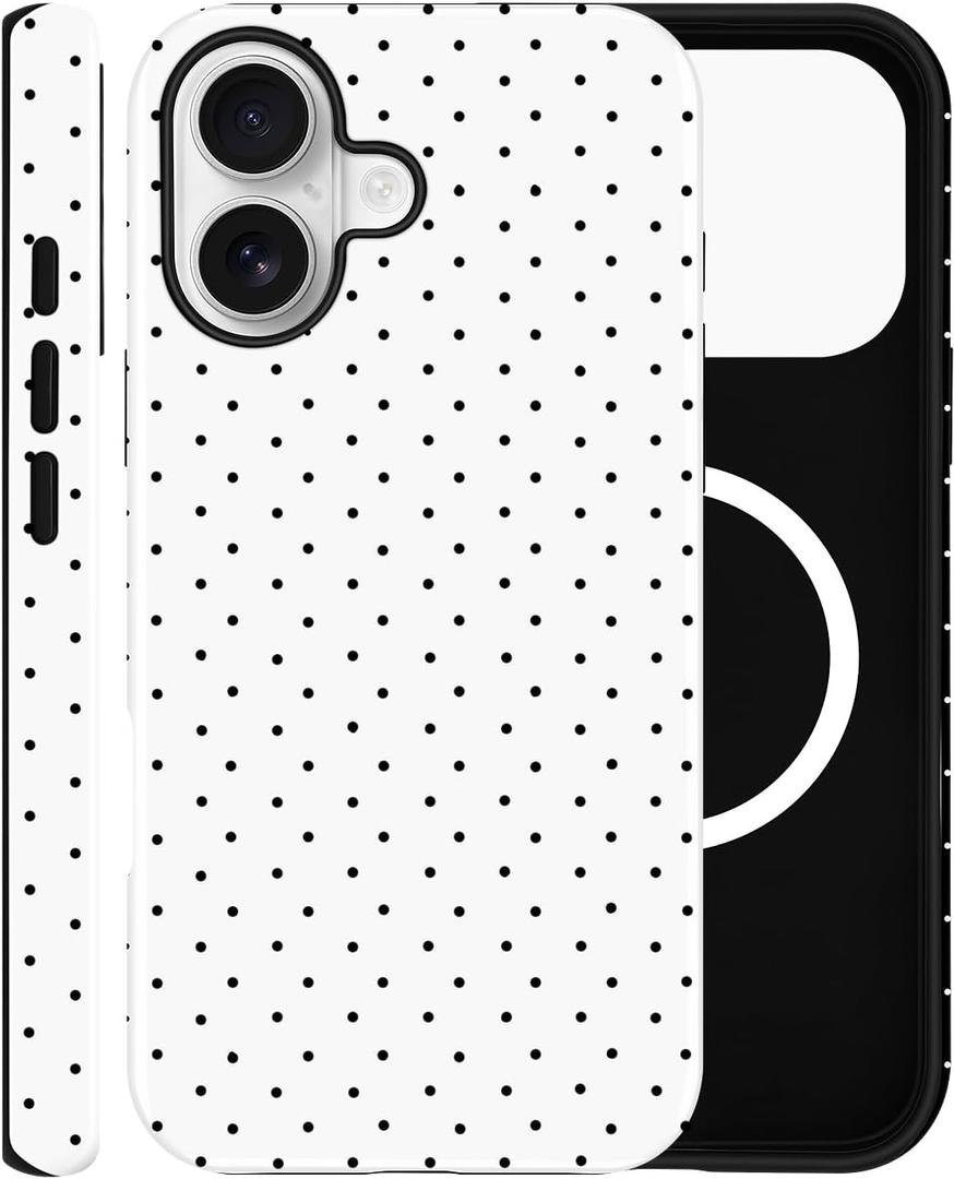 Magnetic Case for iPhone 16, Compatible with MagSafe, Aesthetic Polka Dot Cute Design for Women, Hybrid 2-Layer Hard Shell Phone Cover, White