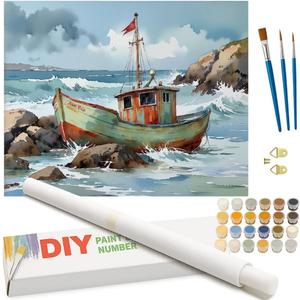 Fishing Boat Paint by Numbers Kit for Adults - DIY Rustic Boat on Rocky Shore Painting on Rolled Canvas 16x20 Inch, Acrylic Paint Set, Suitable for Beginners, Art for Home Decoration or Gifts