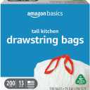 Amazon Basics 13 Gallon Tall Kitchen Drawstring Trash Bags, Unscented, 10% Post Consumer Recycled, 200 Count (1 Count (Pack of 200))