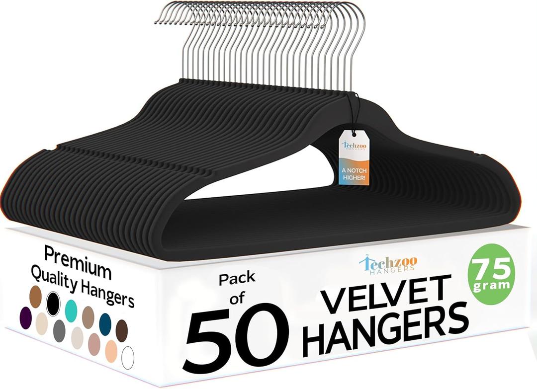 Techzoo 50 Pack New Premium Quality Velvet Hangers Ultra Thin Non Slip Adult Felt Space Saving Hangers for Closet Heavy Duty Coat Pants Jackets Dress Hangers 360 Swivel Hook Hold Upto 10 lbs Black