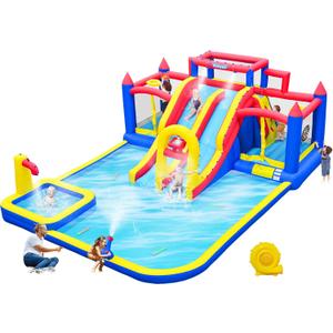 Large Inflatable Water Slide for Big Kids, Water Bounce House, Outdoor Blow Up Pool, Climbing Wall, Basketball Hoop with Blower