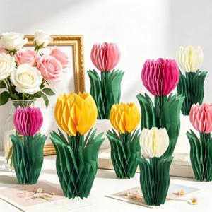 4 x SUNBEAUTY 8 PCS Flower Honeycomb Decor Tulips Table Centerpieces Spring Decoration for Home Office Paper Flower Tulip Honeycomb Decor for Garden Party, Mother's Day Decoration