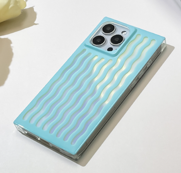 Heaofei Rectangle Case for iPhone 16 Pro Max Case for Women Girls Boys, with Iridescent Wave Pattern and Cute Candy Color Design, Kawaii Aesthetic Girly Protective Phone Cover, Light Blue