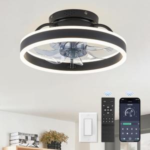 Black Round LED Profile Ceiling Fans with Light and Remote,13 in Modern Flush Mount Ceiling Fans, 3 Speeds Quiet DC Motor, for Bedroom, Living Room