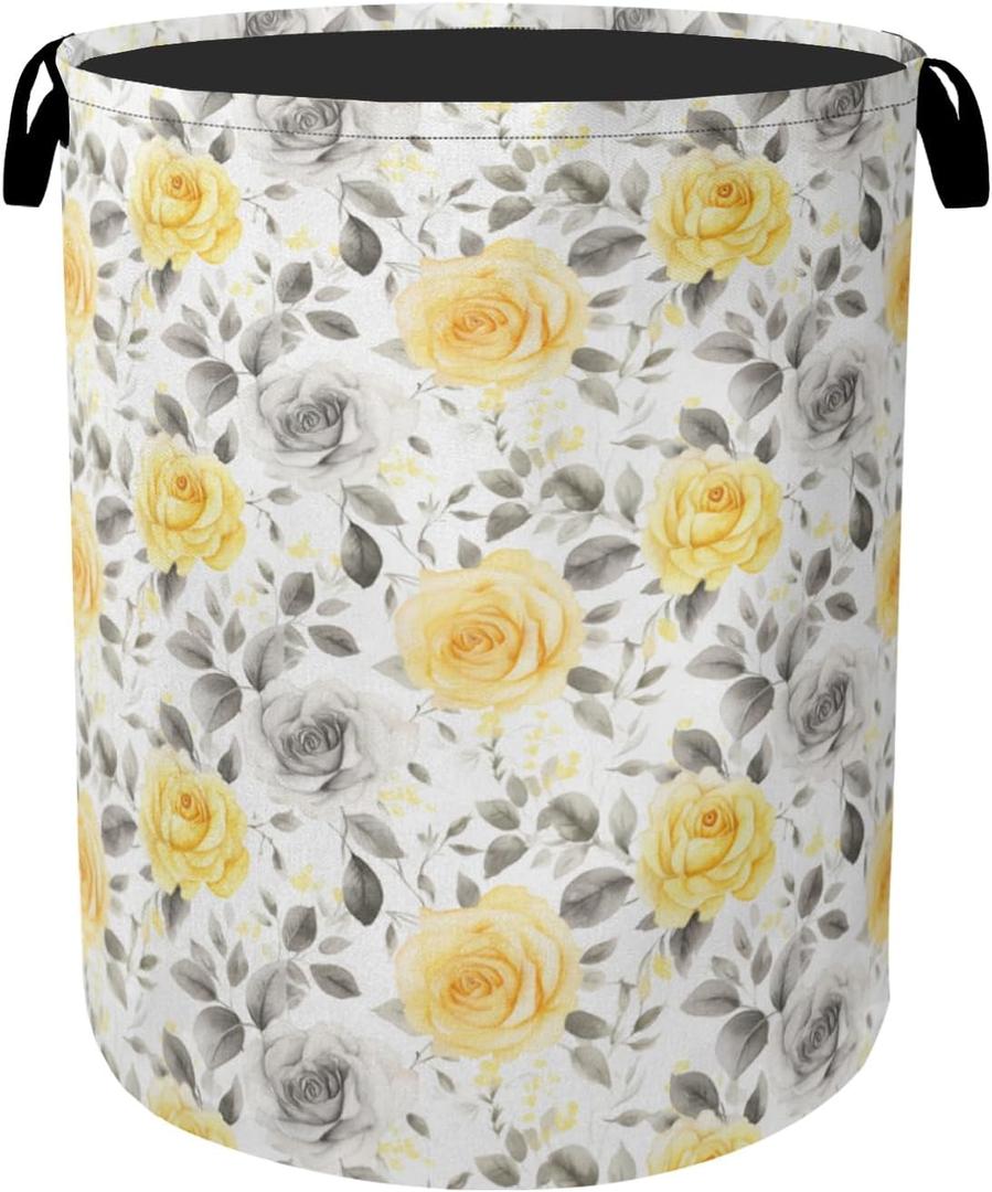 Yellow Gray Flowers Large Clothes Hamper Bag - Laundry Basket with Handles, Space Saving Foldable Design for Nursery