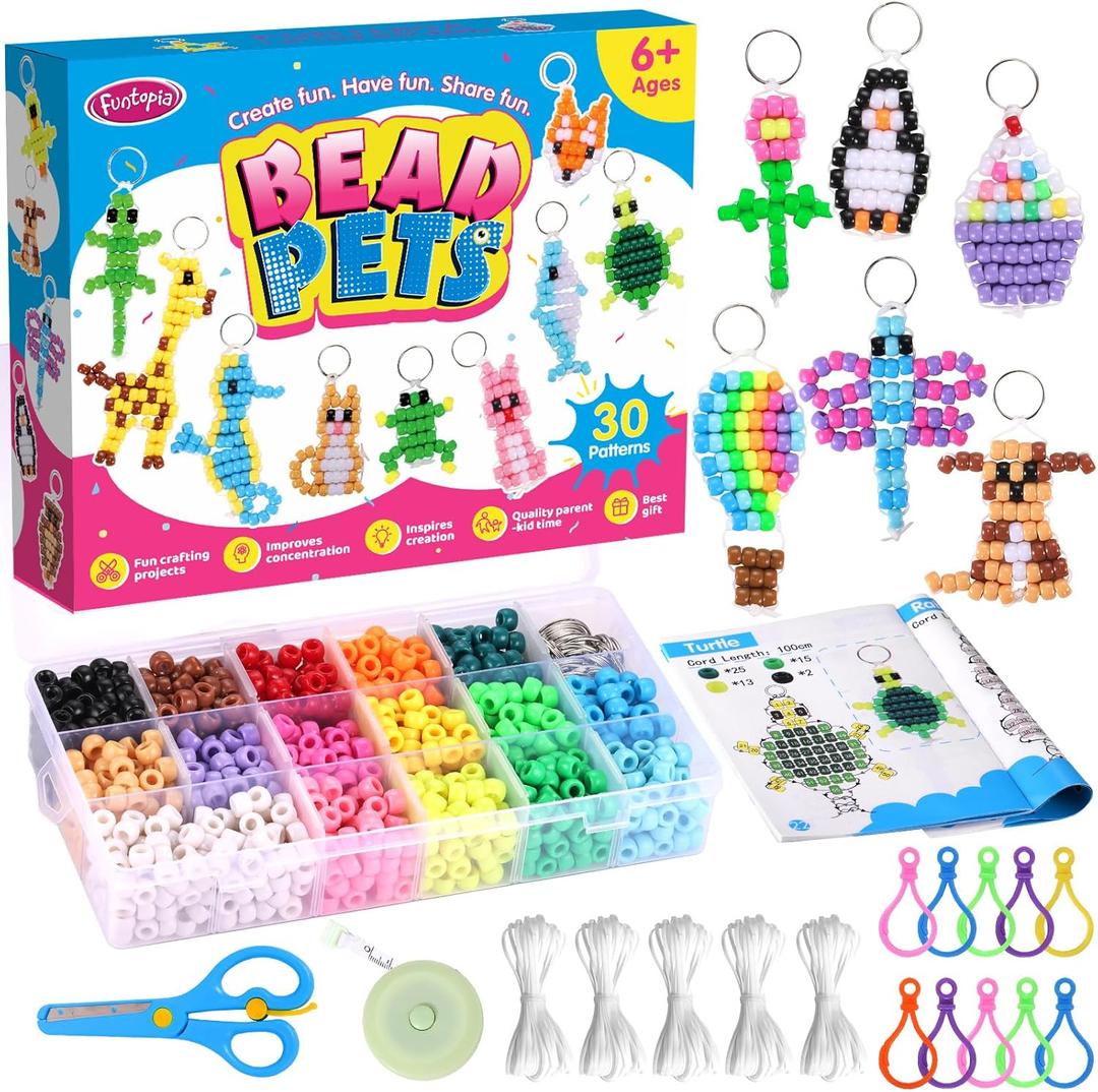 Funtopia Beads for Crafts, Pony Beads Keychain Making Kit, Bead Pets Art Crafts for Kids Beginners, Birthday Party DIY Craft for Girls Boys (1500 Beads, 30 Designs)