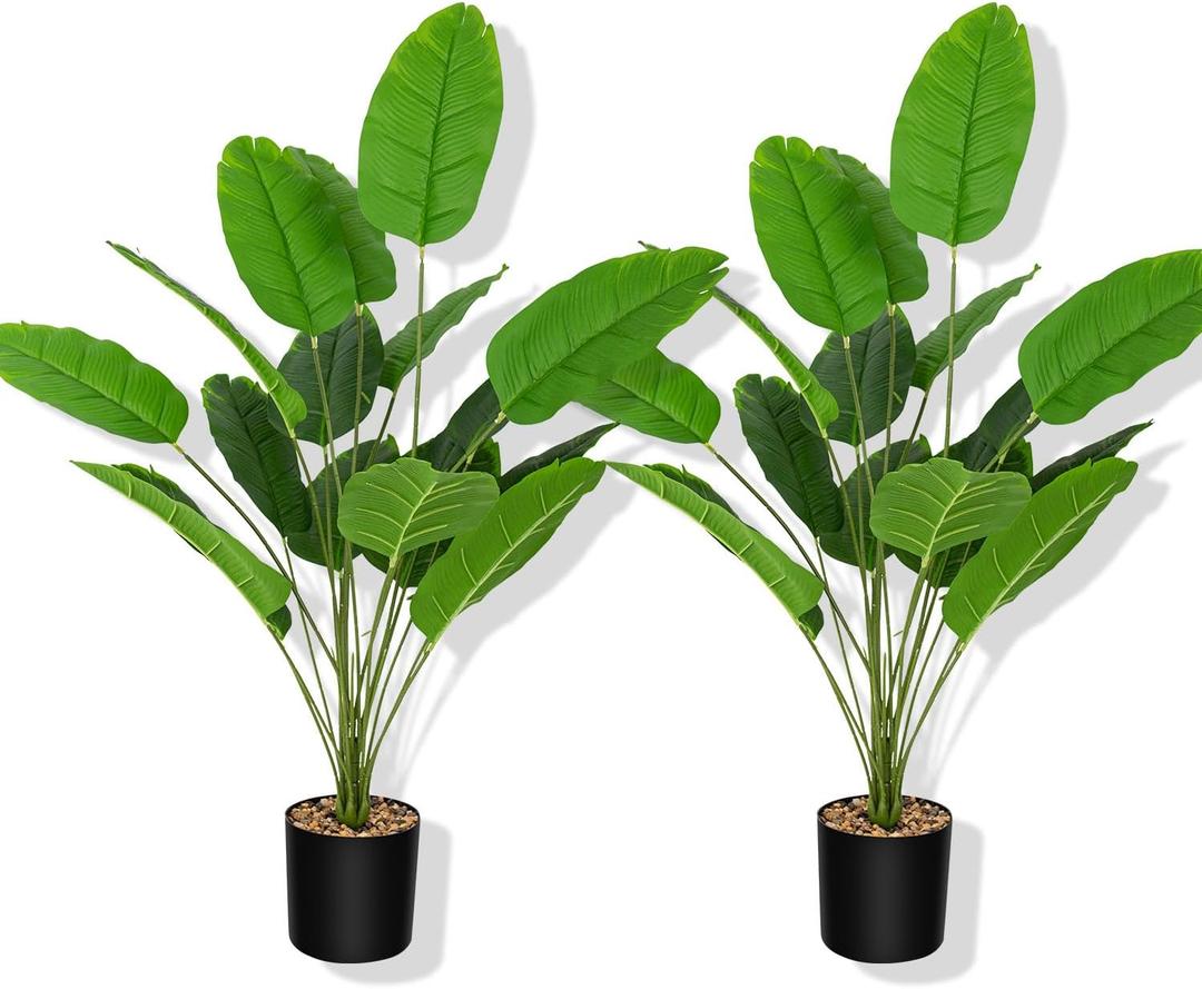 Artificial Plants Fake Banana Tree with Green Leaves 32" Bird of Paradise Plantas Artificiales Decorativas Faux Tropical Plants Greenery Family Garden Office Indoor Outside Decor 2Pcs (Green)