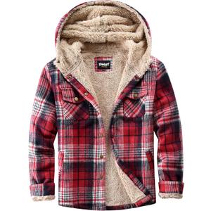 Elesuit Women's Fleece Flannel Jacket Plaid Sherpa Lined Jacket Long Sleeve Button Down Hooded Jackets for Women (Large, Dark Red)