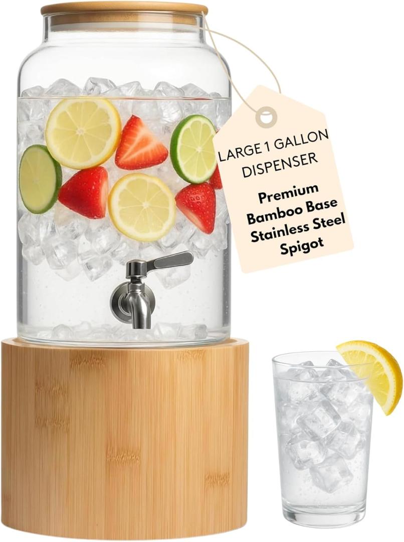 Kitchentoolz 1 Gallon Glass Drink Dispenser for Parties on Bamboo Stand - Premium Borosilicate Beverage Jar with Stainless Steel Spigot - Lemonade, Water, Sun Tea, Kombucha for Spa