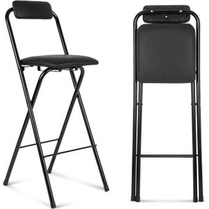 Thyle 1 Pcs Folding Bar Stool with Backrest, Tall Foldable Stool Chair Portable High Folding Bar Chair Counter Height Seat Leather Padded for Kitchen Island Shop Cafe Dining Room Black (27.5 Inch)