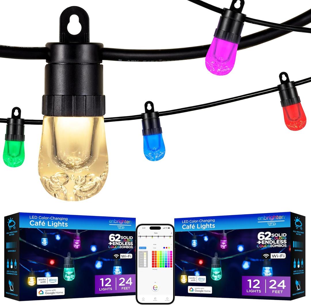 Enbrighten Vibe Smart Color Changing String Lights, 24ft Black Cord, 12 Shatterproof Acrylic Bulbs, Weatherproof, Dimmable, Outdoor String Lights, Compatible with Alexa, Google Home, 2 Pack, 82764