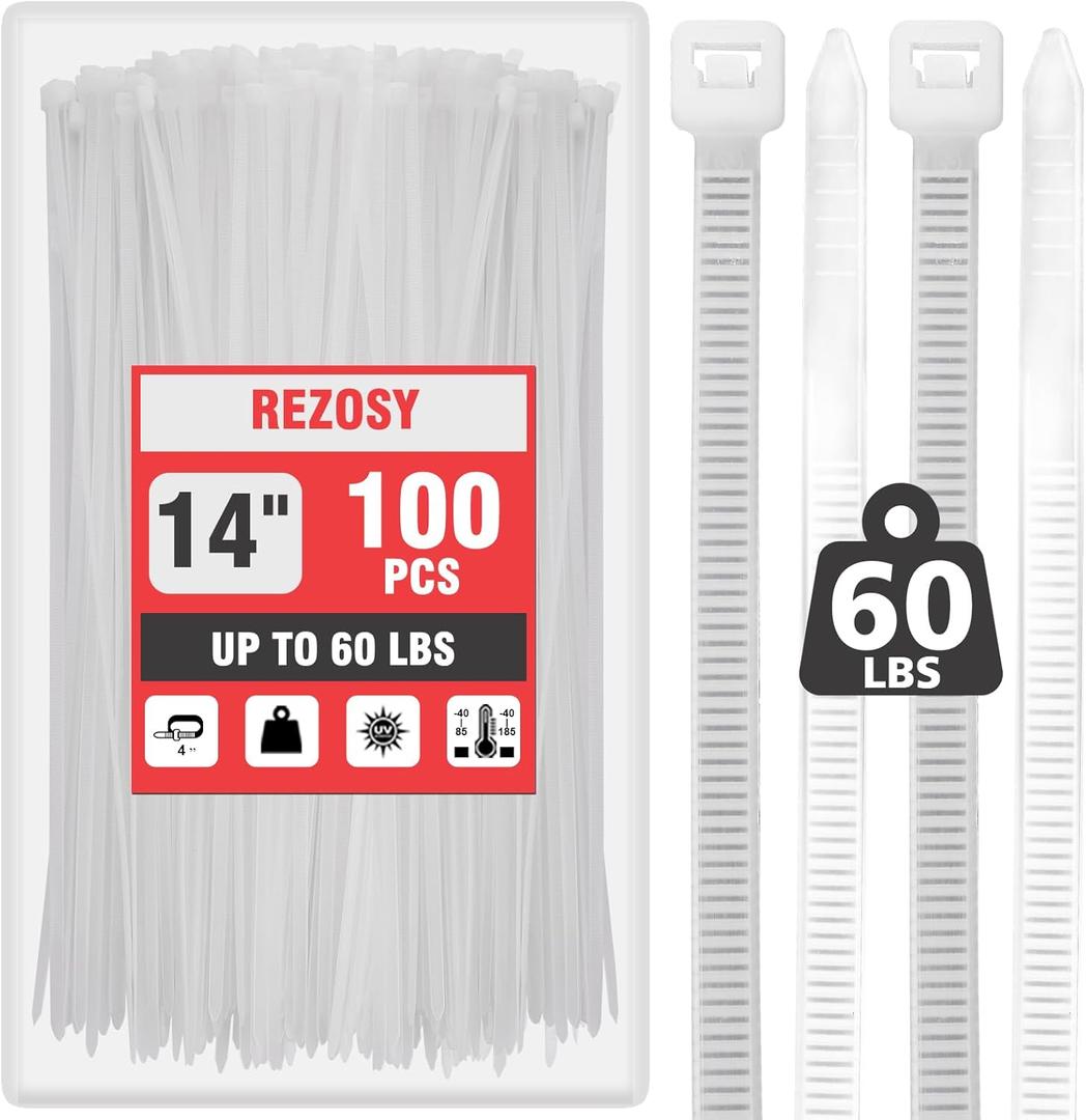 White Zip Ties 14 inch (100 Pack), Clear, 60 lb, UV Resistant Cable Ties for Outdoor Use,