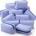 Sanwuta 12 Pcs Seersucker Cosmetic Bags Bulk Seersucker Makeup Bags Stripe Women Pouch Large Preppy Storage Pouch Toiletry Travel Organizer for Wedding Bridesmaid Bride Favor Mom Gift (Blue)