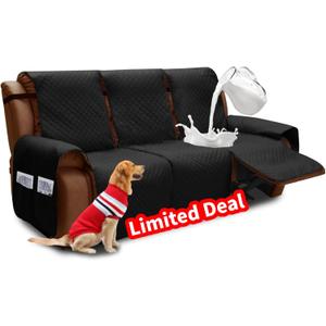 XINEAGE Water Resistant Recliner Cover, 3 Seat Sofa Covers with Pockets, Quilted Thick Protector Cover for Dog Pets with Non Slip Backing and Strap (Black)