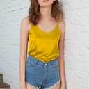 Wantschun Womens Silk Satin Camisole Cami Plain Strappy Vest Top T-Shirt Blouse Tank Shirt V-Neck Spaghetti Strap XS-4X (Yellow, S)
