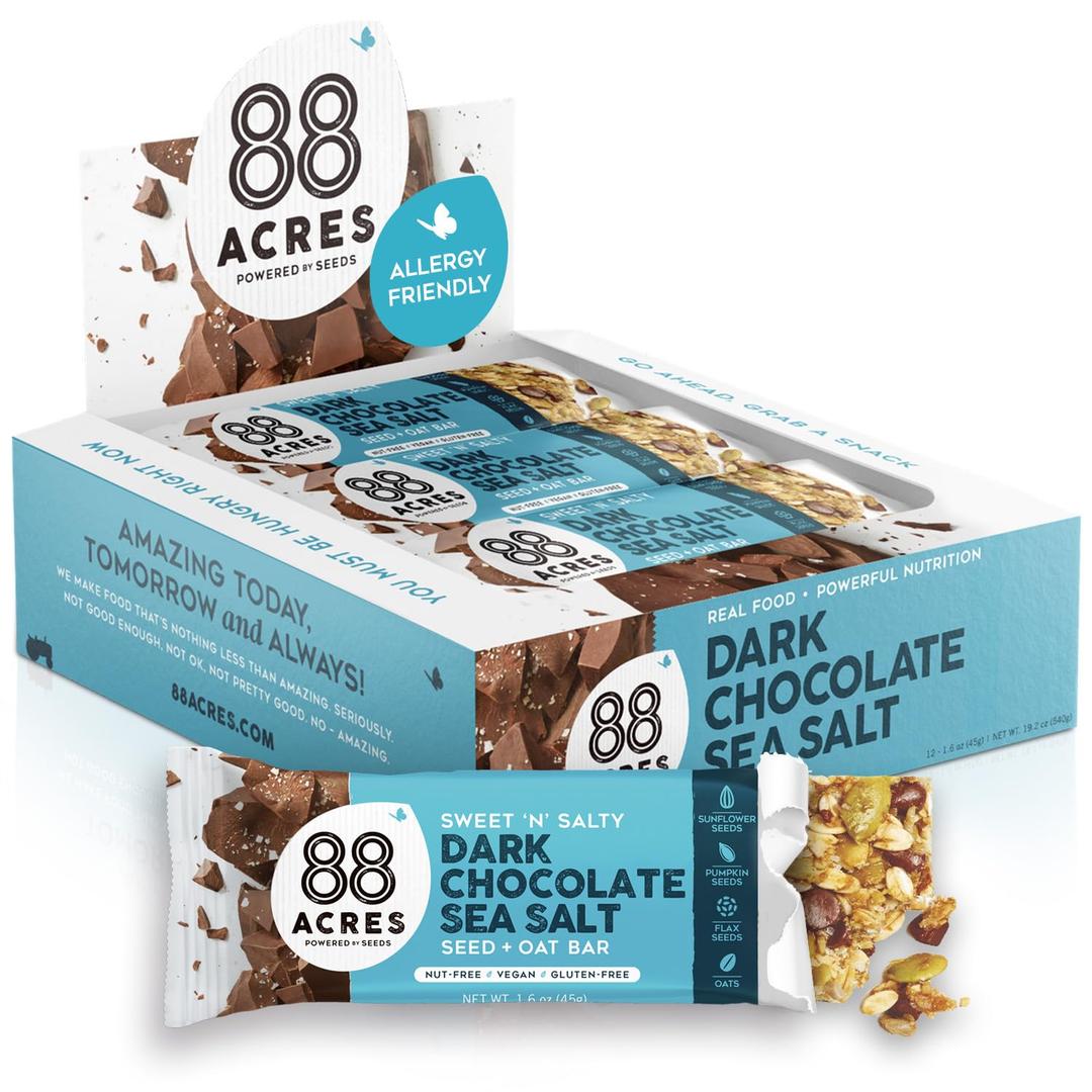 88 Acres Granola Bars, Dark Chocolate Sea Salt, 12 Count, School Safe, Allergen Free Seed & Oat Snack Bar, Gluten & Nut Free, Vegan, Non-GMO & Kosher, Individually Wrapped (EXP 10/14/26)