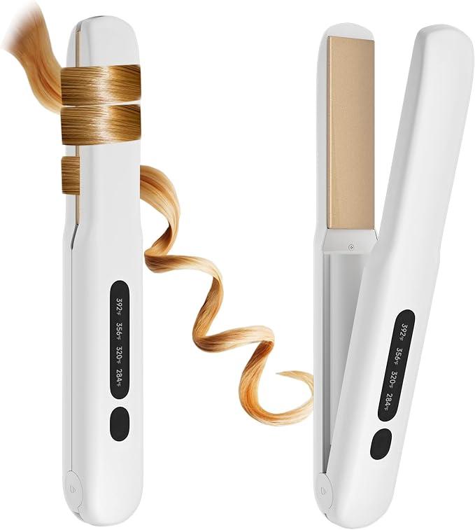 Cordless Hair Straightener and Curler, 2 in 1 Portable Mini Flat Iron & Curling Iron, Fast Heating & Titanium Plate Straightener with 4 Adjustable Temp,Travel Size Preferred Gifts (White)