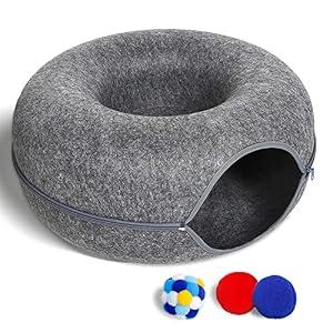 Cat Tunnel Bed for Indoor Cats with 3 Toys, Scratch Resistant Donut Cat Bed, Up to 9 Lbs (M 20x20x9, Dark Grey)