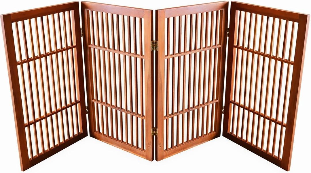 Urnporium Pet Dog Gate Freestanding, Strong Durable Folding Wooden Fence, Portable Acacia Hardwood Safety Barrier for Indoor & Outdoor Use (Brown Pet Gate, 4 Panel 30" Tall)