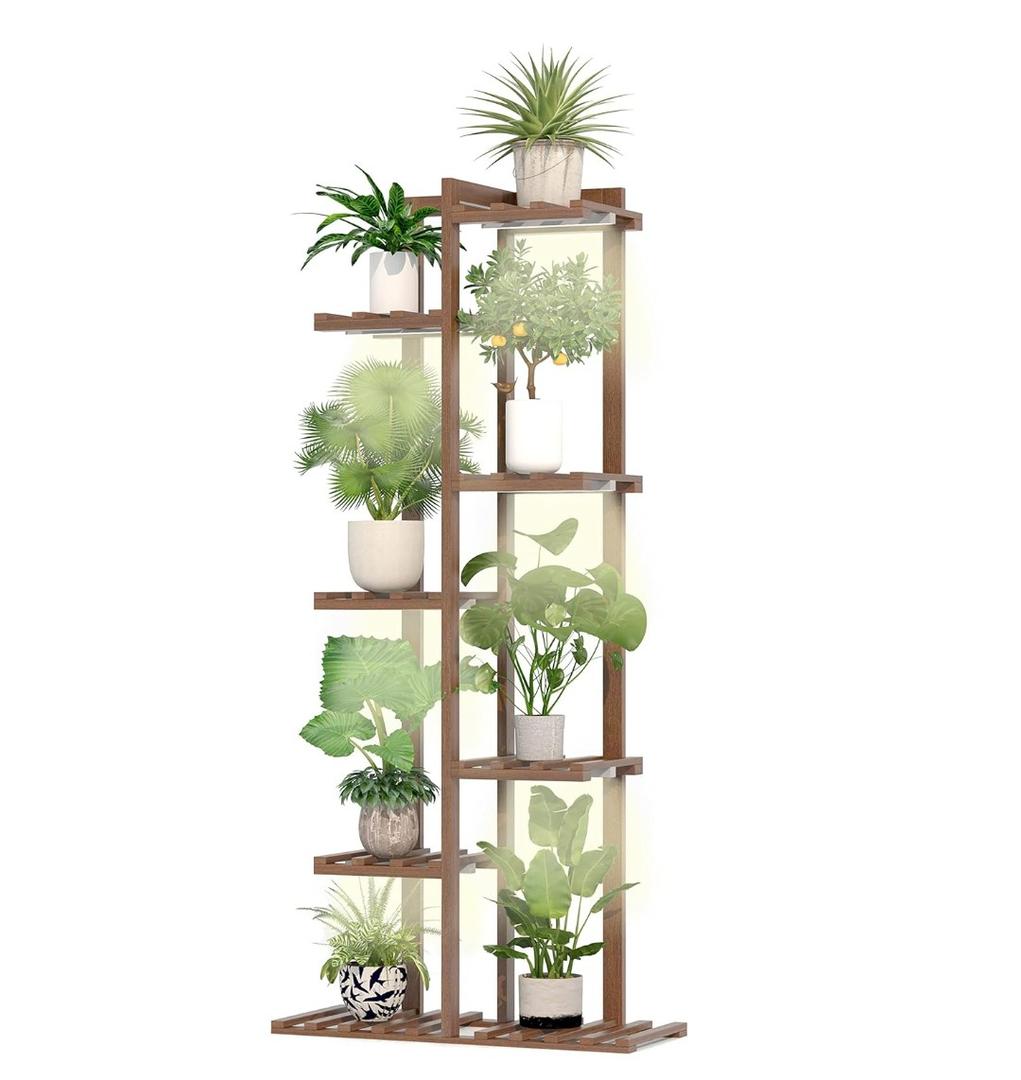 Solatmos Bamboo Plant Stand With Grow Lights Indoor Plants Outdoor Corner Plant Shelf Flower Stands for Living Room Patio Garden Corner Balcony (Brown, 7 Tier)