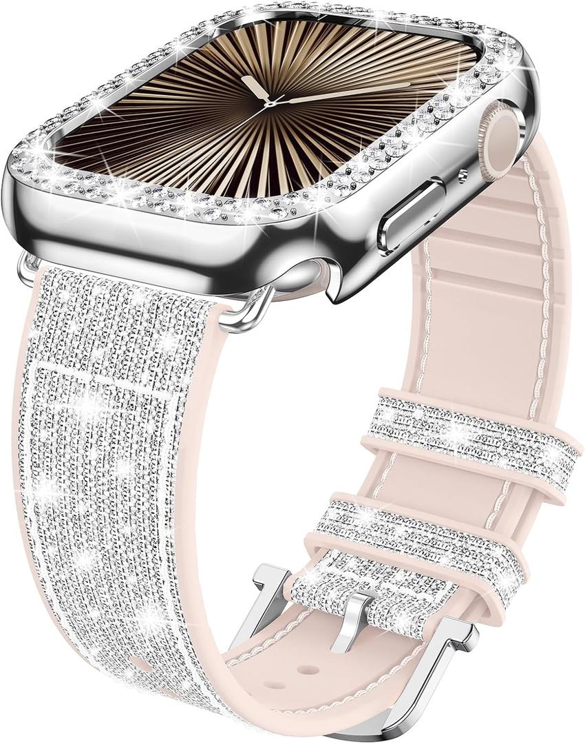 Goton Bling Silicone Band Case Compatible for Apple Watch Series 11 10 46mm with Edge Protector Cover[No Glass], Strap Color Changes with Angle for iWatch Series 11/10 46 mm (Silver)