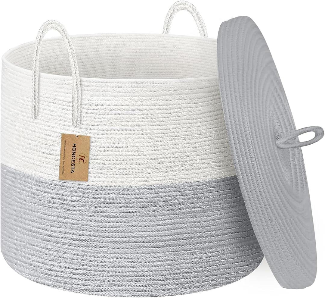 HONCESTA 18" X 14" Large Wicker Basket with Lid, Blanket Basket Living Room, Woven Cotton Rope Storage Bin, Kids Dog Toy Storage Bin Box, Tall Laundry Hamper, Blankets Pillows Organizer Holder