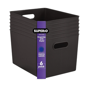 Superio Decorative Plastic Open Home Storage Bins Organizer Baskets, X-Large Brown (6 Pack) Container Boxes for Organizing Closet Shelves Drawer Shelf - Ribbed Collection 22 Liter/23 Quart