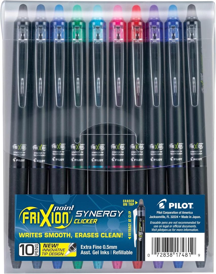 Pilot FriXion Synergy Clicker Erasable, Refillable, Retractable Gel Ink Pens, Extra Fine Point 0.5 mm, Pack of 10, Assorted Colors, FriXion Erasable Pens 0.5 - Ideal for School & Office Writing