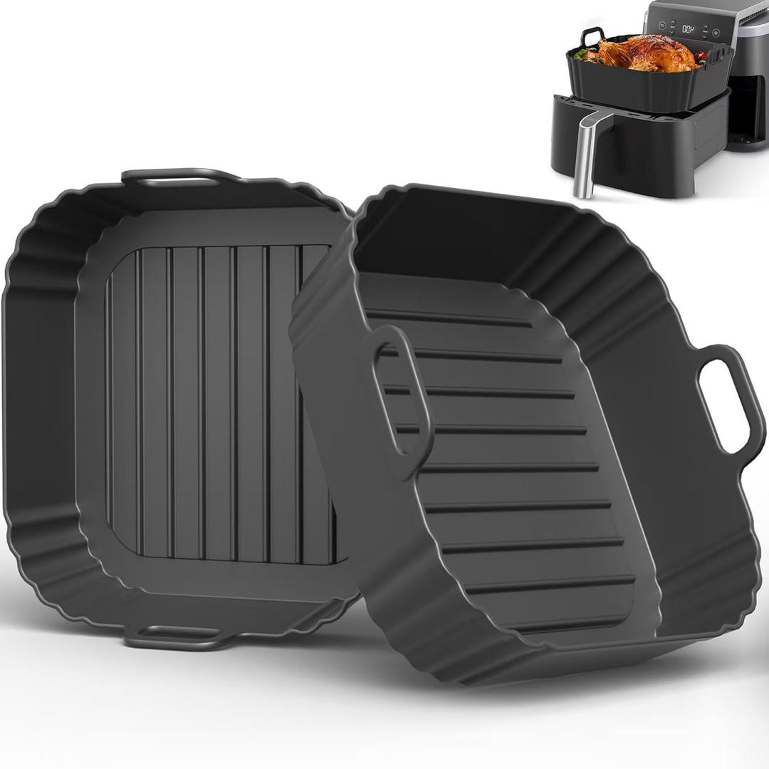 Square Silicone Air Fryer Liners 2 Pack, Compatible with Ninja AF141 181, 8.5 Inch Air Fryer Liners for COSORI 5-6.5 QT, Reusable Silicone Basket, Air Fryer Accessories (Black)