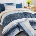 WONGS BEDDING Blue Comforter Set King Size, 7 Pieces King Bed in a Bag for All Season, Soft and Breathable Striped Bedding Set with Boho Comforter, Flat Sheet, Fitted Sheet, Pillowcases & Shams