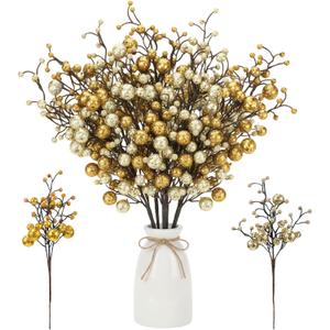Syhood 20 Pack Glitter Berries Stems for Tree 11.8 Inch Artificial Tree Berry Picks Branches Decoration Ornaments for Valentine's Day Wedding DIY Wreaths Crafts Holiday Decor(Champagne Gold)