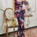 2 x Wenrine Womens Summer Floral Maxi Dress Mesh Spaghetti Strap One Shoulder Casual Ruffle Mermaid Bodycon Party Dresses (Purple, M)