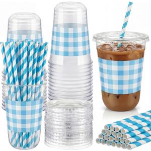 50 Set 16 oz Blue U-gingham Gingham Cups Plastic Party Checkered Cups Blue Plaid Drinking Cup Disposable Gingham Cup with Lids and Paper Straws for Baby Shower Check Wedding Birthday Party