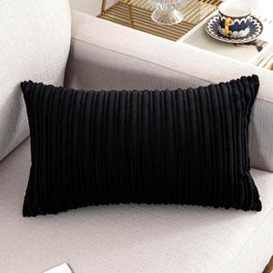 UGASA Velvet Lumbar Throw Pillow Cover, Both Sides Corduroy Striped Soft Solid Decorative Rectangular Cushion Case for Couch/Bedroom/Car, 1 Pack, 12x20 Inch, Black