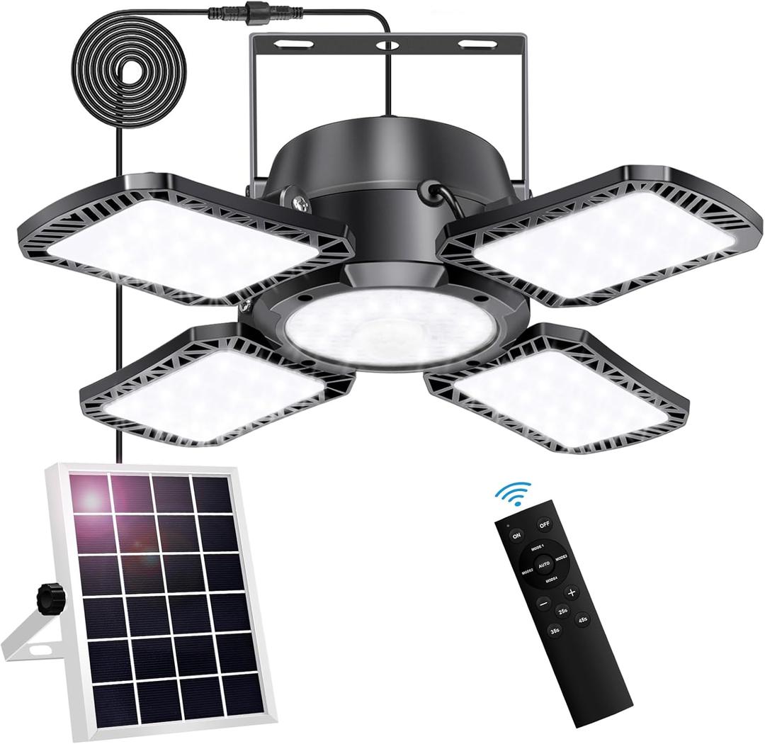 Aqonsie Solar Shed Light Outdoor Indoor, 176LED Solar Powered Motion Sensor Pendant Light Daytime , Solar Indoor Lights with 5 Lighting Modes & Remote for Shed Gazebo Barn Garage Home (Black (1 Pack))