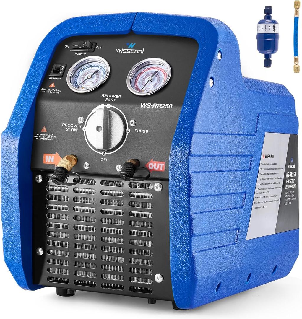 Wisscool 3/4 HP Refrigerant Recovery Machine, 60Hz Portable Freon Recycling Unit HVAC Oil-Less Self-Cleaning Recovery Machines for Vapor Liquid Refrigerant Household Car Air Conditioning