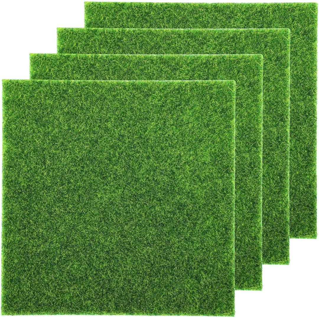 4 Pcs Fake Grass Decor for Crafts, 6 x 6 Inch Fairy Artificial Moss, Miniature Model Turf Grass Accessories for Fairy Garden, Dollhouse Ornament DIY Decoration, Diorama Supplies