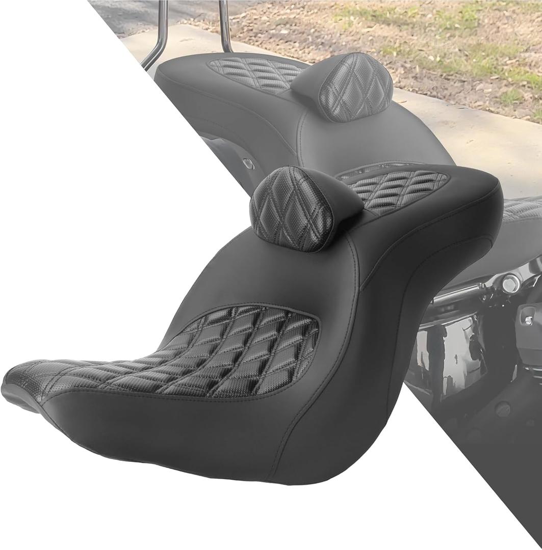 HDBUBALUS Motorcycle One-piece Seat Driver& Passenger Seat Fit for Harley Softail Low Rider FXLR FXLRS FXLRST 2018-later (#2 Seat w/Pad-Rhombus)