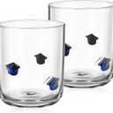 Maxdot 2 Pcs Graduation Icon Juice Glasses Stemless 14oz Congrats Grad Cap Double Icon Cocktail Glass for Class of 2025 Party Favors Supplies(Blue)