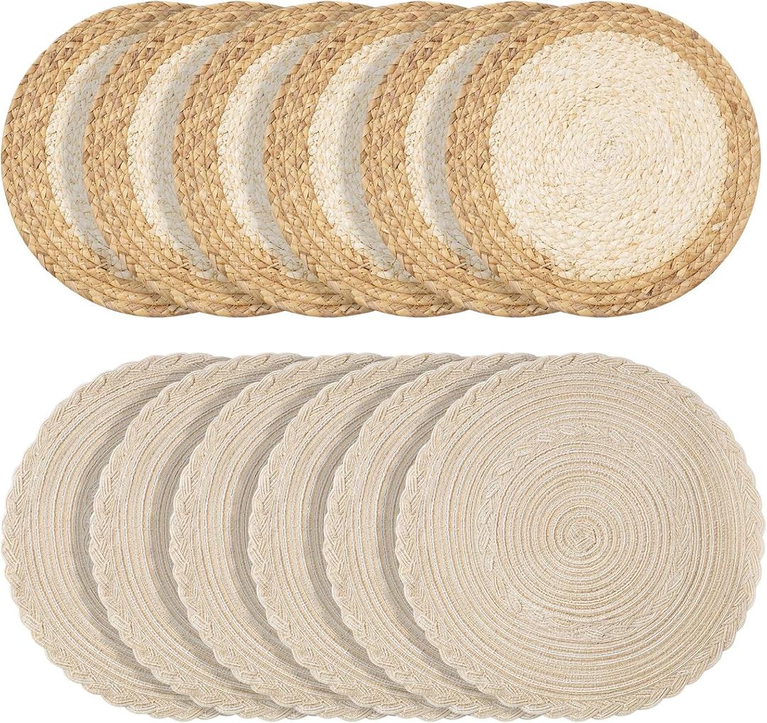 Handmade Round Boho Placemats Set of 6 | Natural Woven & Polyester Braided Combo Table Mats | 12-Piece Versatile Place Mats | Simple Rustic Farmhouse Style Dining Table Decor, Beige Bordered