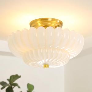 Semi Flush Mount Ceiling Light Fixture Vinatge Gold Ceiling Lights Mid Century Modern Milk White Glass Close to Ceiling Lighting Fixtures for Bedroom Hallway Foyer Bathroom Kitchen Laundry Room